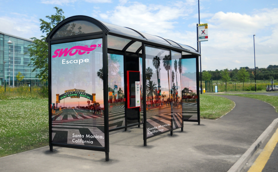 It is a Bus Stop for Swoop Airline promoting their "Swoop Escape" to Santa Monica, California. All the bus stop window glass are covered of the graphic image of the location. As if their actually at the location.