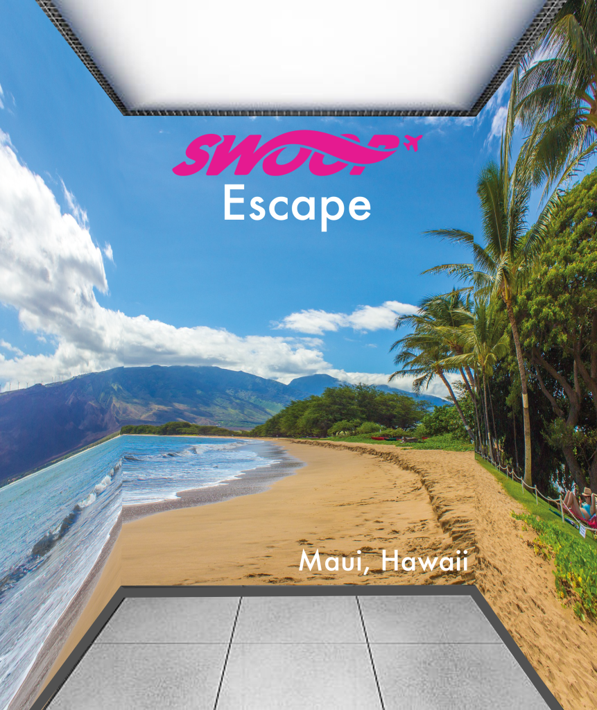 It is a elevator for Swoop Airline promoting their "Swoop Escape" to Hawaii. When your in the elevator the wall are all a digital video of the current time at Hawaii. This is the day time of the beach in Hawaii. As if their actually at the location.