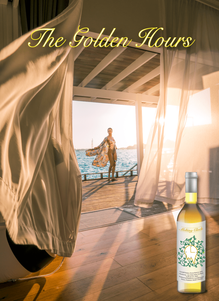 This is my Melting Clock Wine Bottle Ad. The headline is "The Golden hours" to explain the feeling with you have the wine. The image is a women in a warming setting.